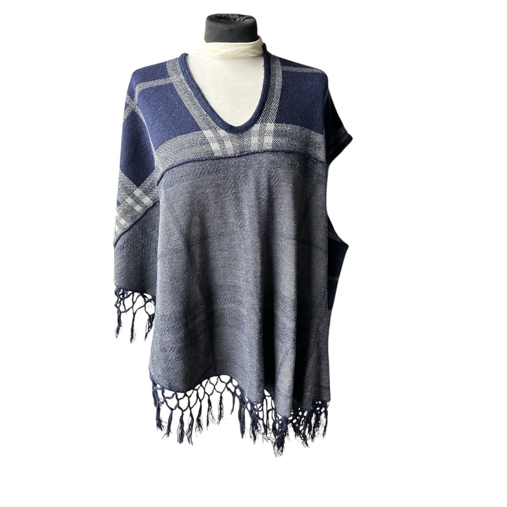 Unbranded Plaid Fringe‎ Poncho Cape Blue Gray Eclectic Grandpa Pullover OS